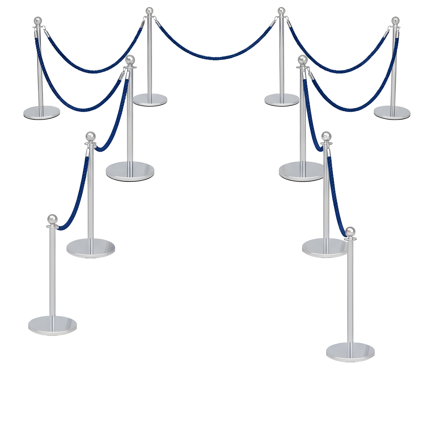 Set of silver stanchions with blue ropes on a white background