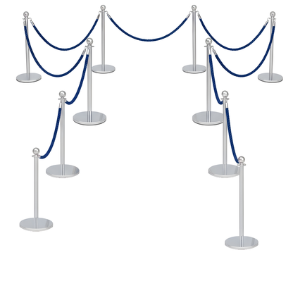 Set of silver stanchions with blue ropes on a white background