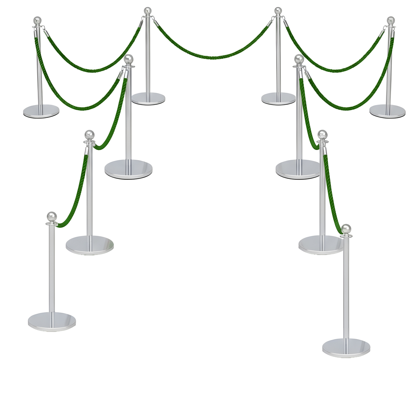 Set of silver stanchions with green ropes on a white background