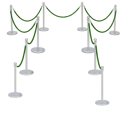 Set of silver stanchions with green ropes on a white background