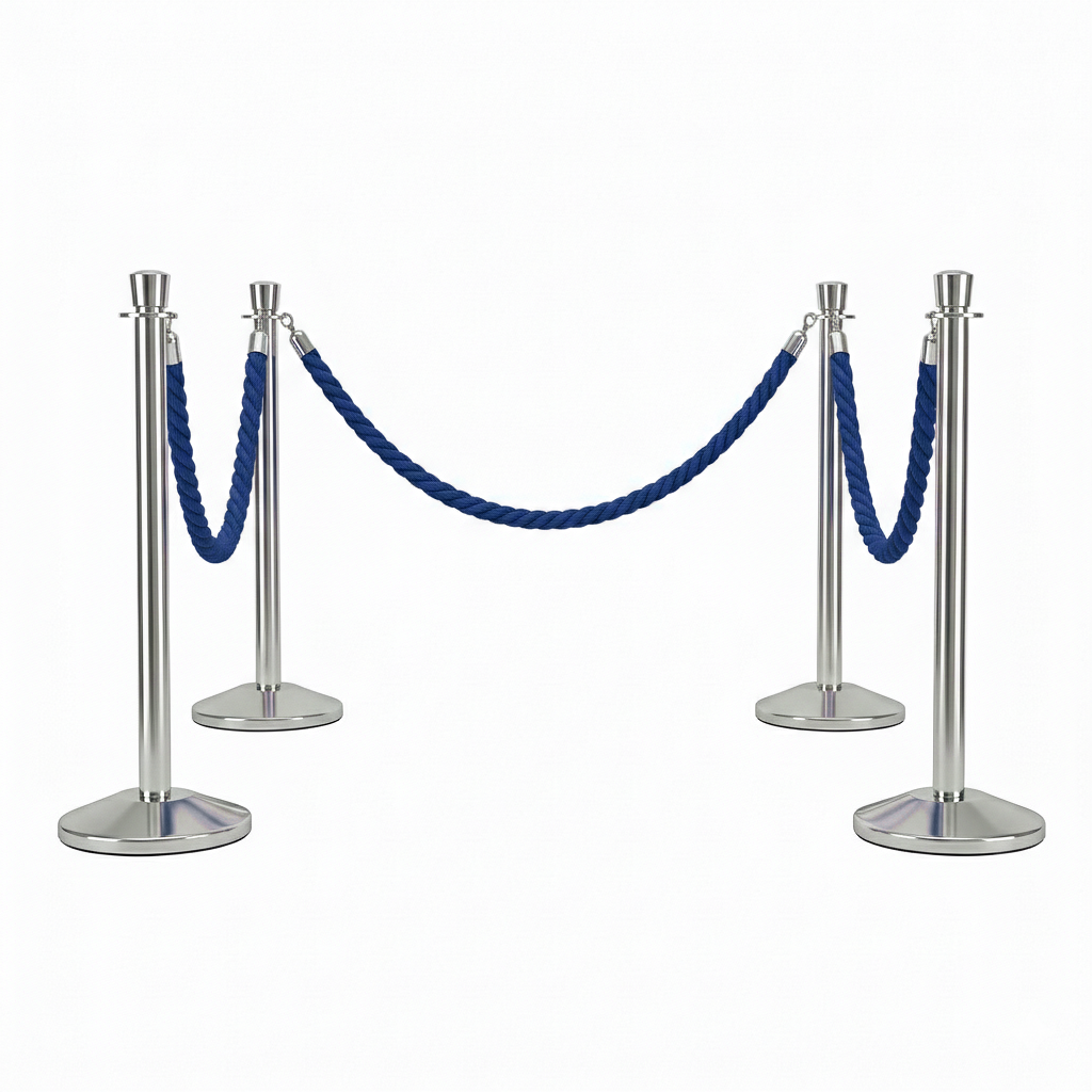 Set of silver stanchions with blue ropes on a white background