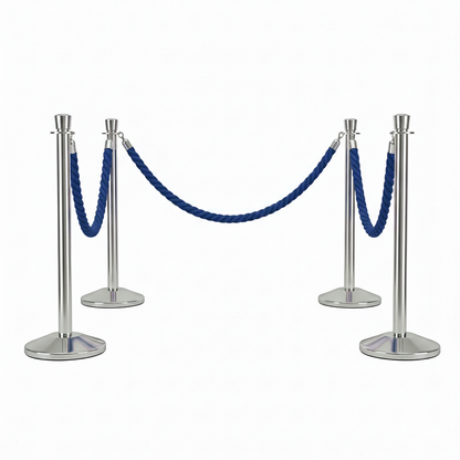 Set of silver stanchions with blue ropes on a white background