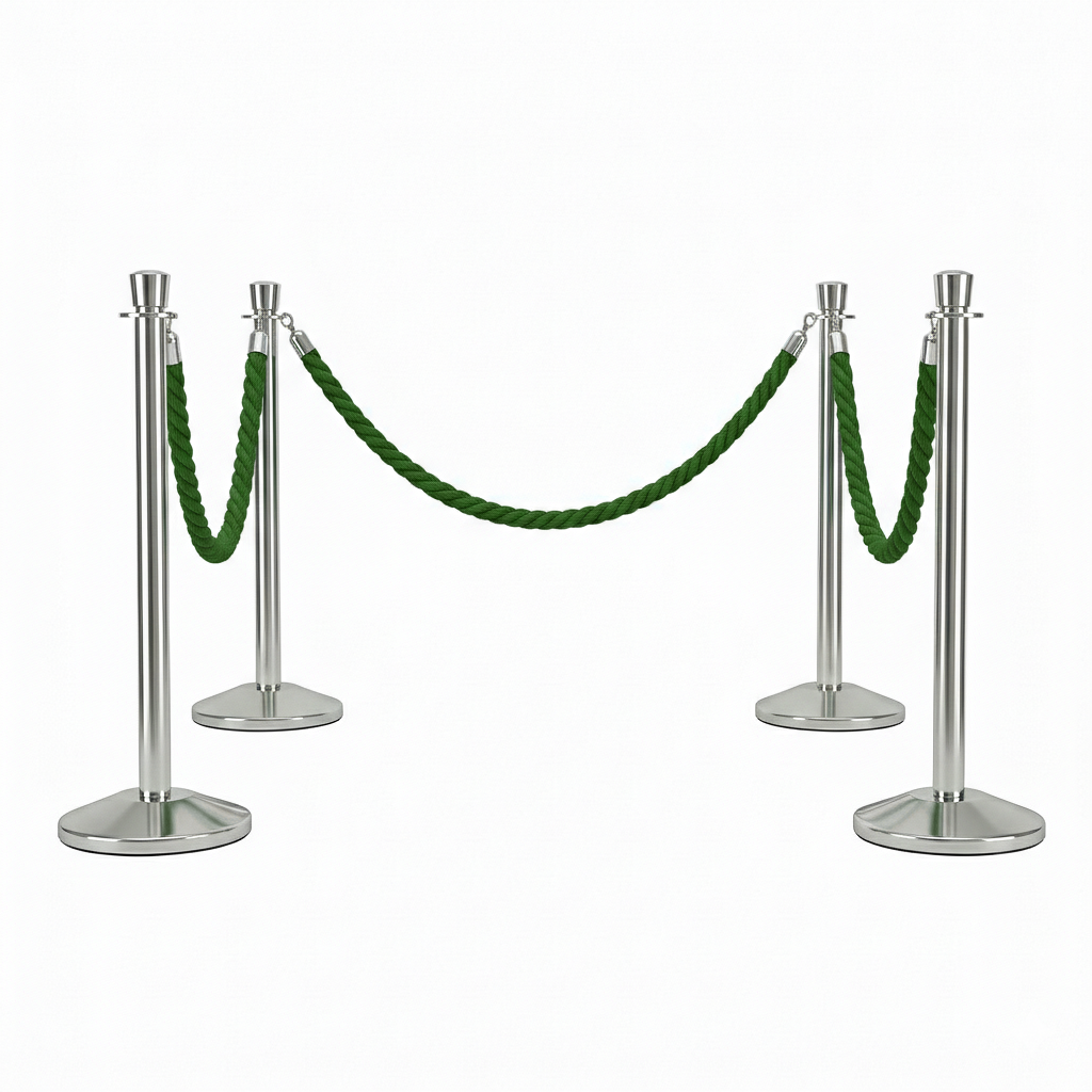 Set of silver stanchions with green velvet ropes on a white background
