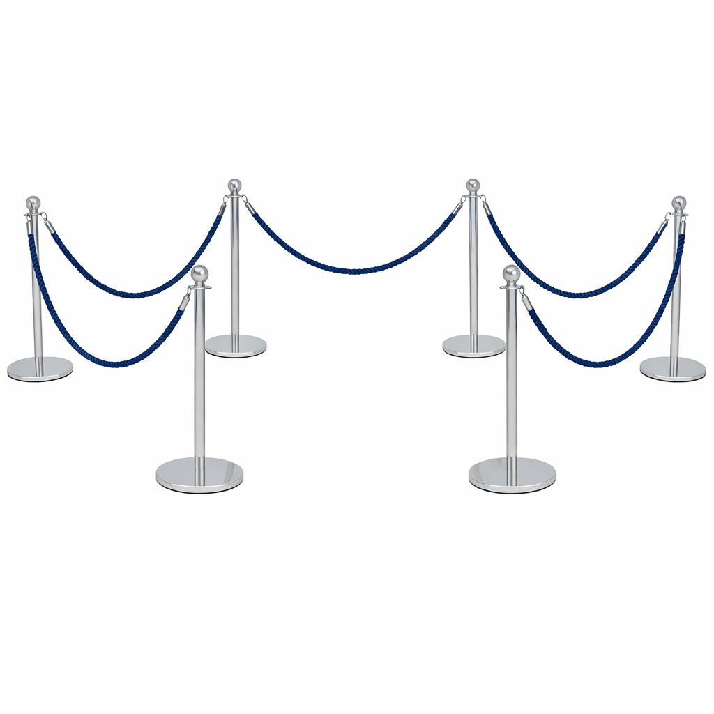 Set of silver stanchions with blue ropes on a white background