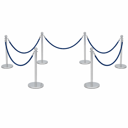 Set of silver stanchions with blue ropes on a white background
