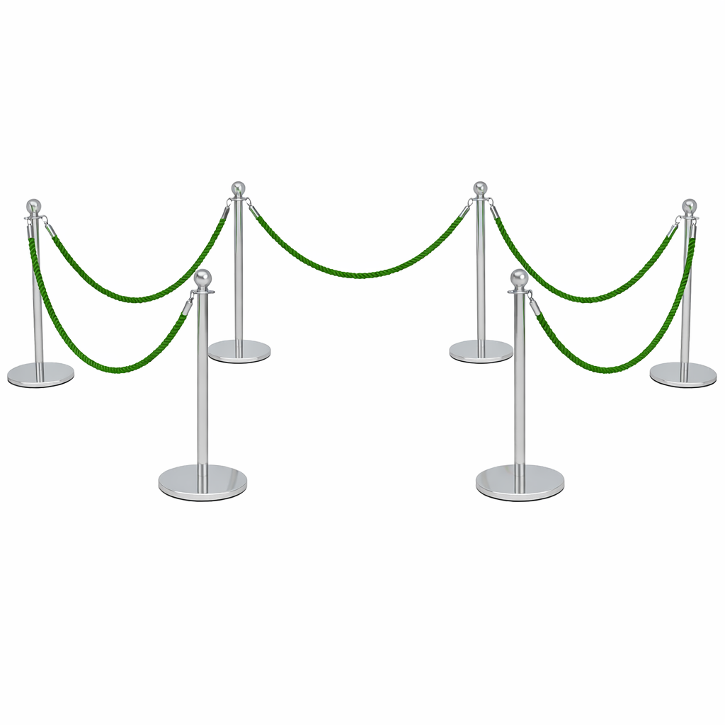 Set of silver stanchions with green ropes on a white background