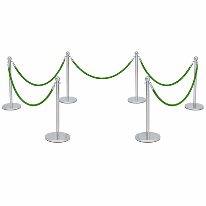 Set of silver stanchions with green ropes on a white background