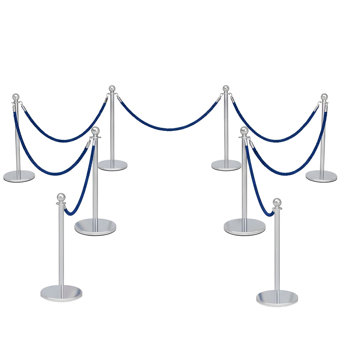 Set of silver stanchions with blue ropes on a white background