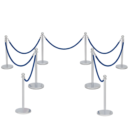 Set of silver stanchions with blue ropes on a white background