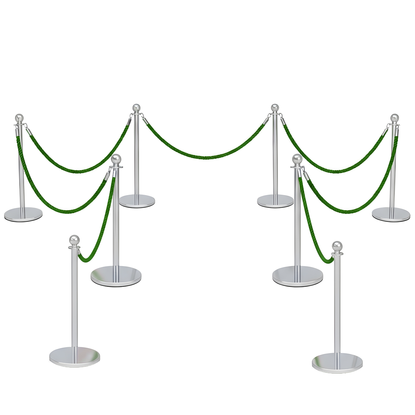 Set of silver stanchion barriers with green ropes on a white background