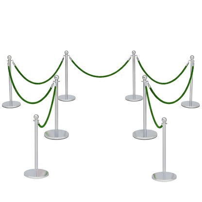 Set of silver stanchion barriers with green ropes on a white background