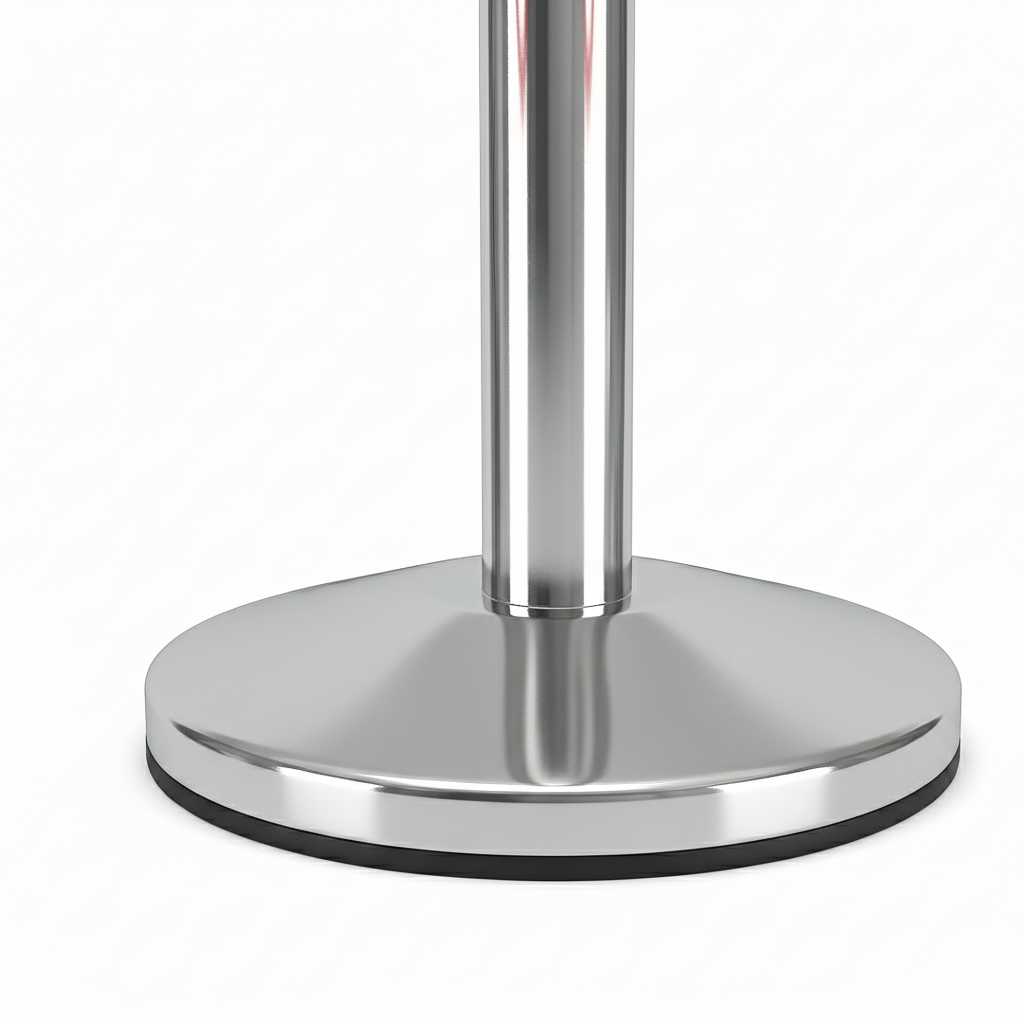 Close-up of a chrome metal stand on a white background