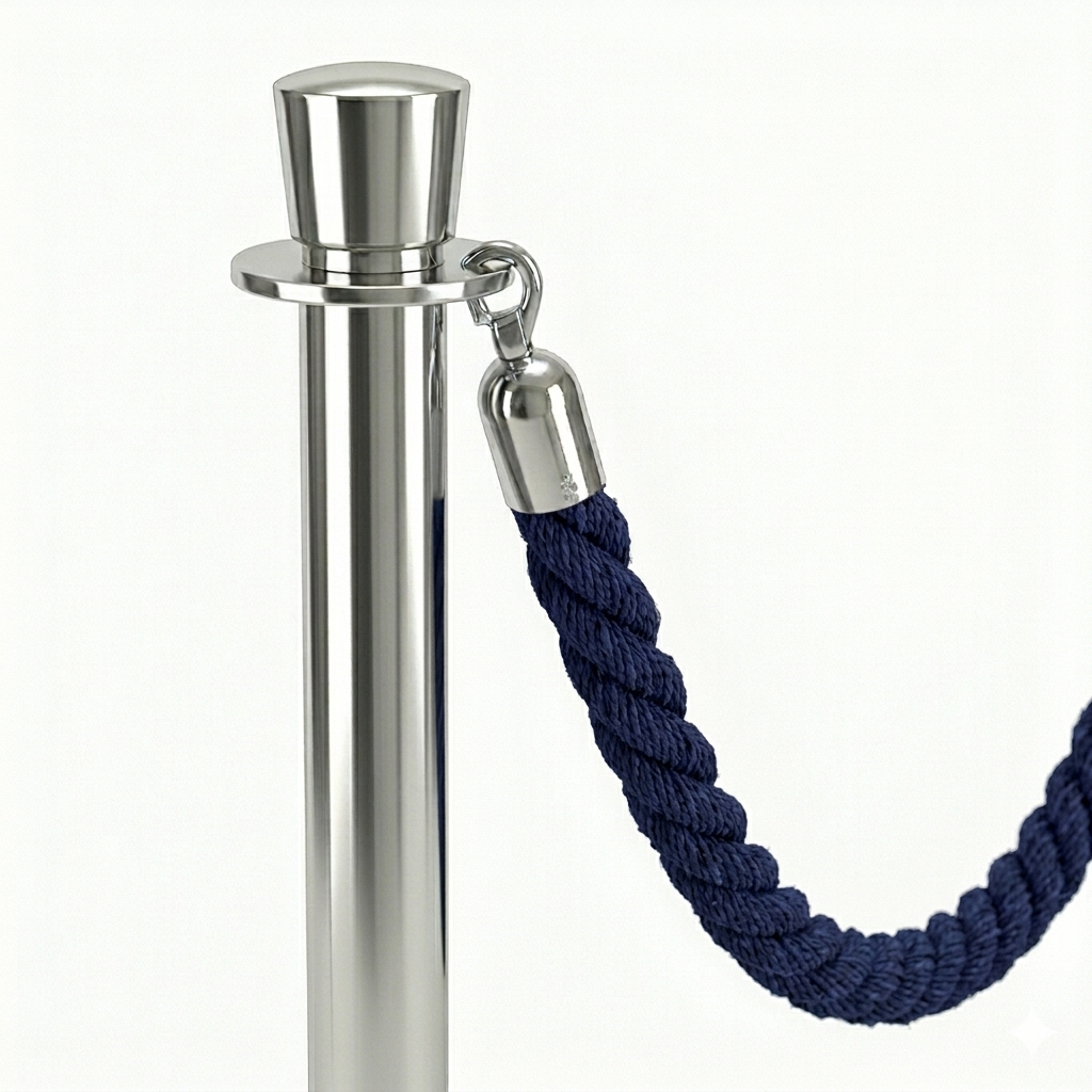 Metal post with a blue rope barrier on a white background