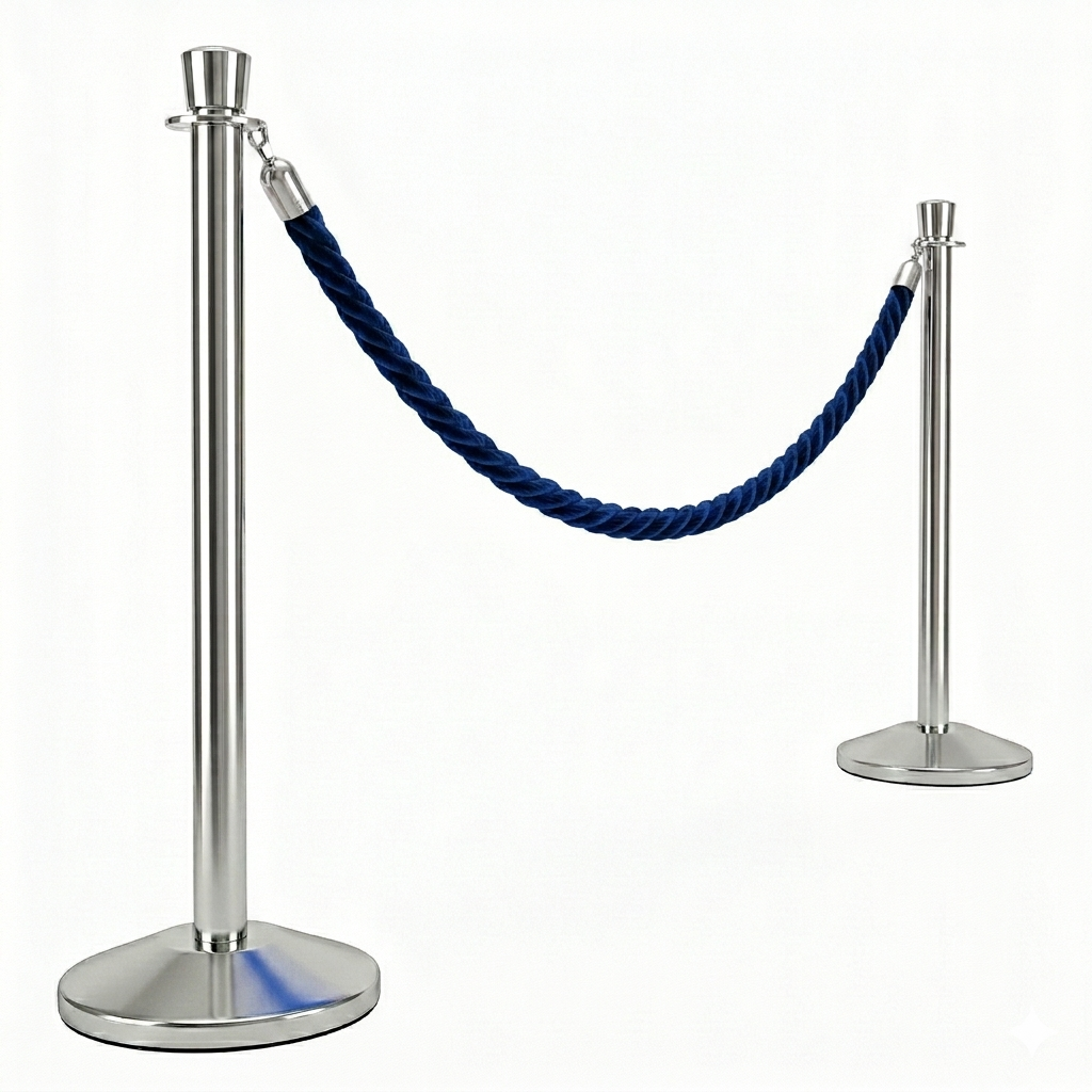 Two silver stanchions with a blue rope on a white background