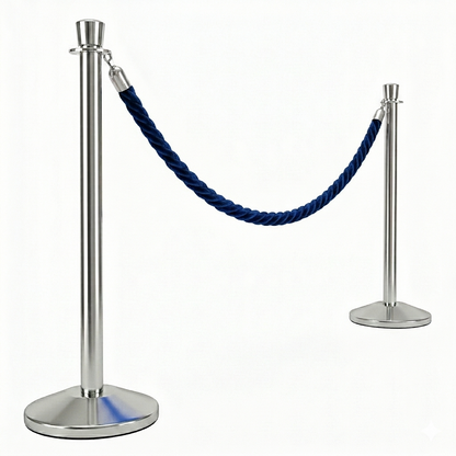 Two silver stanchions with a blue rope on a white background