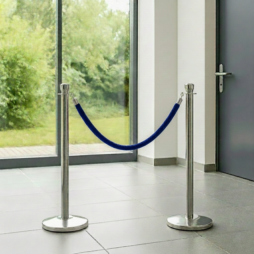 Two silver stanchions with a blue rope in front of a glass door.