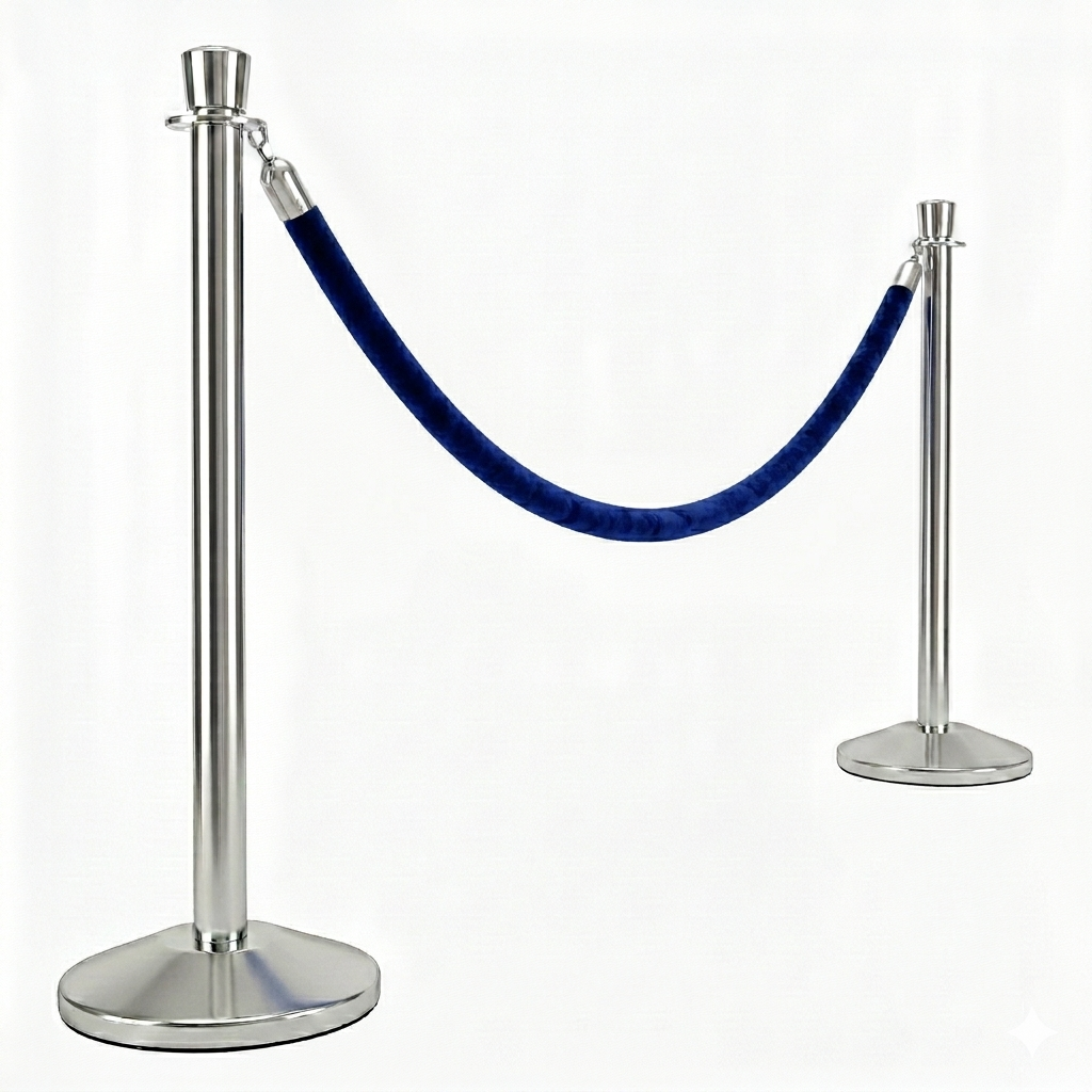 Two silver stanchions with a blue velvet rope on a white background