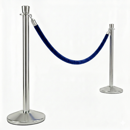 Two silver stanchions with a blue velvet rope on a white background