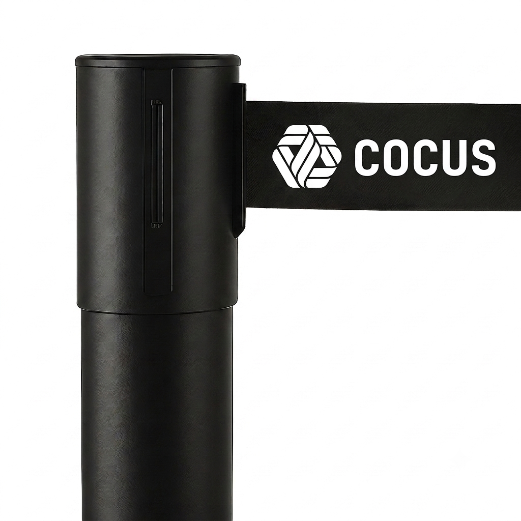 A close-up of a black retractable queue barrier pole with a black belt displaying the white Cocus logo and text, set against a plain white background.