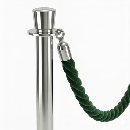 Metal post with a blue rope barrier on a white background