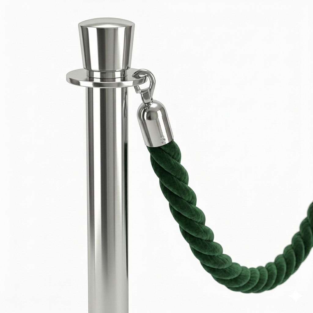 Metal post with a blue rope barrier on a white background