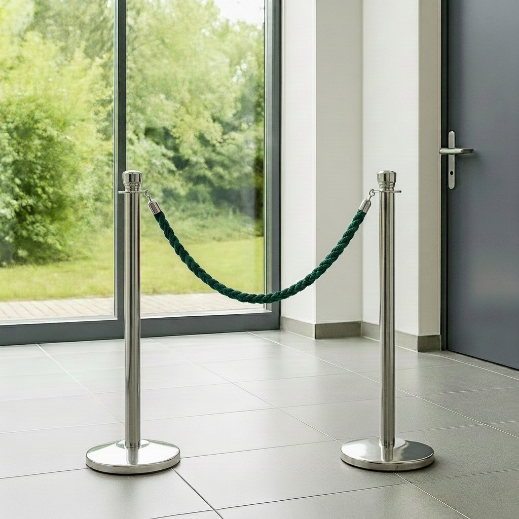 Two silver stanchions with green rope in front of a glass door with a view of greenery outside.