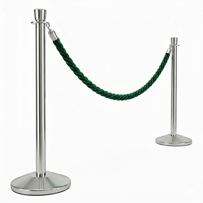 Two silver stanchions with green rope on a white background