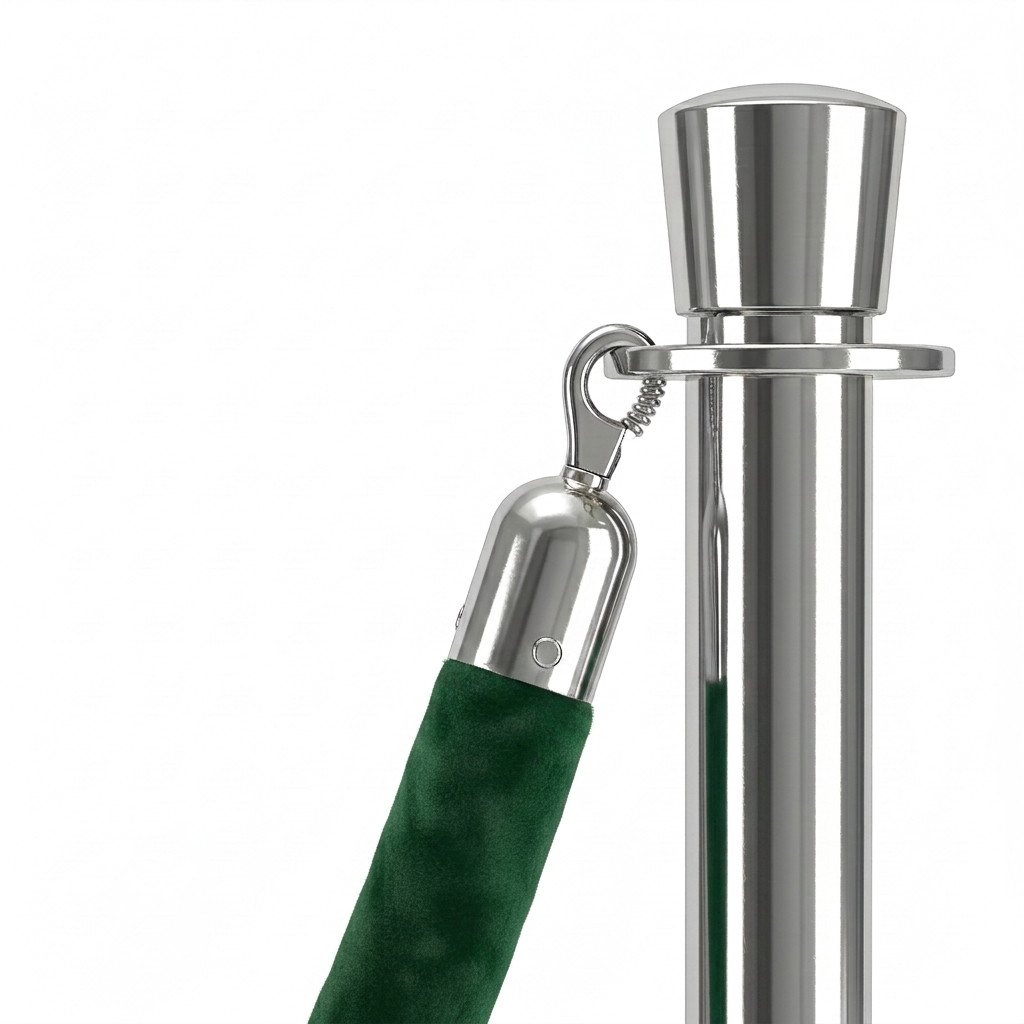 Close-up of a green umbrella handle with silver metal parts on a white background