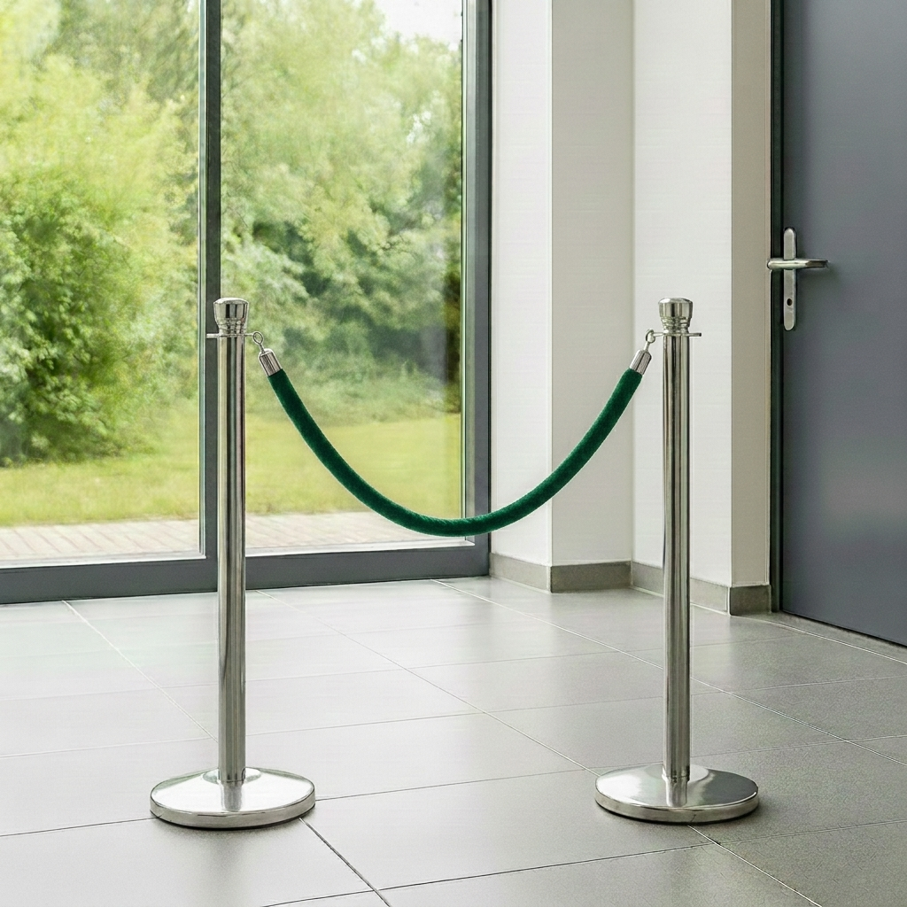 Two silver stanchions with green rope in front of a glass door with a view of greenery.
