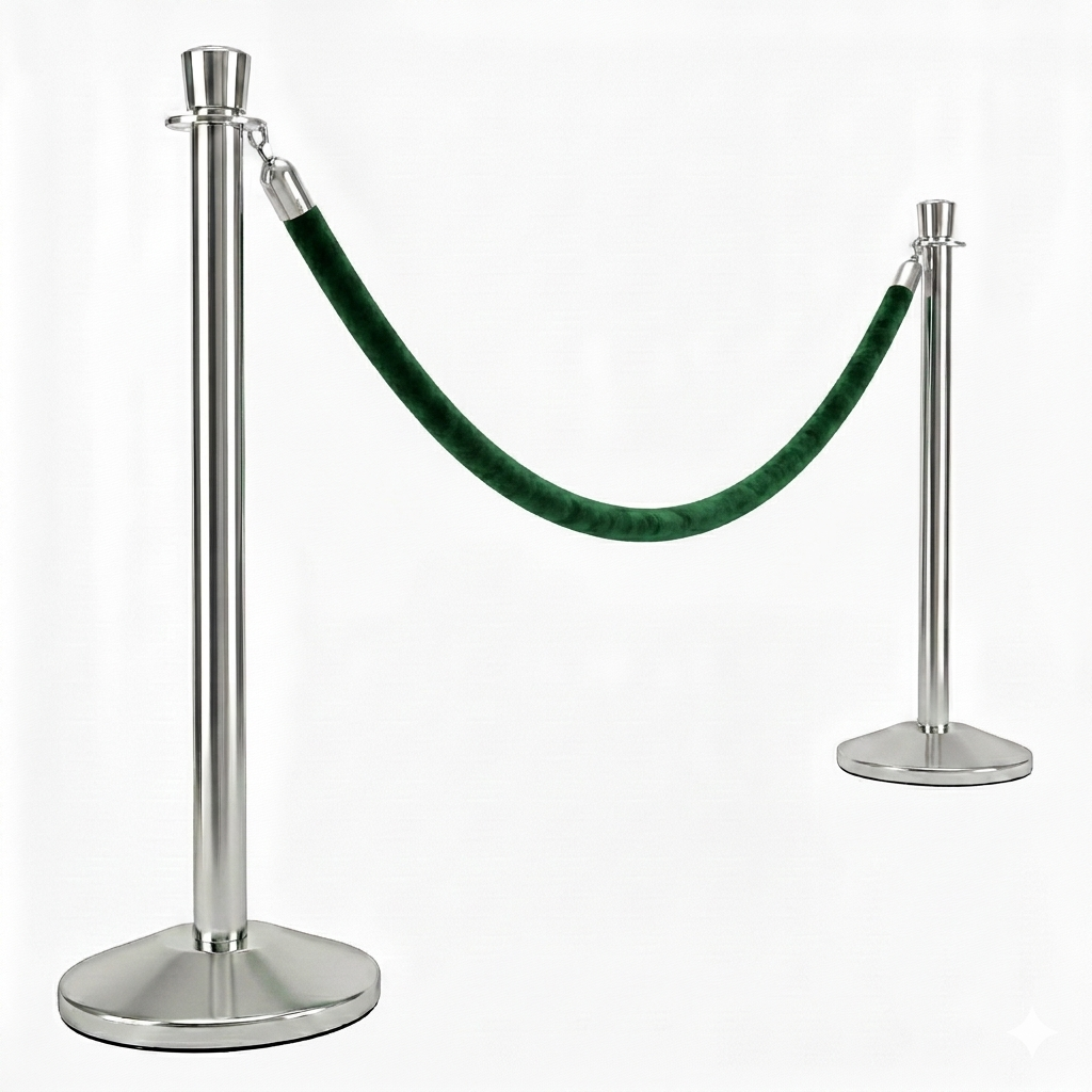 Two silver stanchions with a green velvet rope on a white background