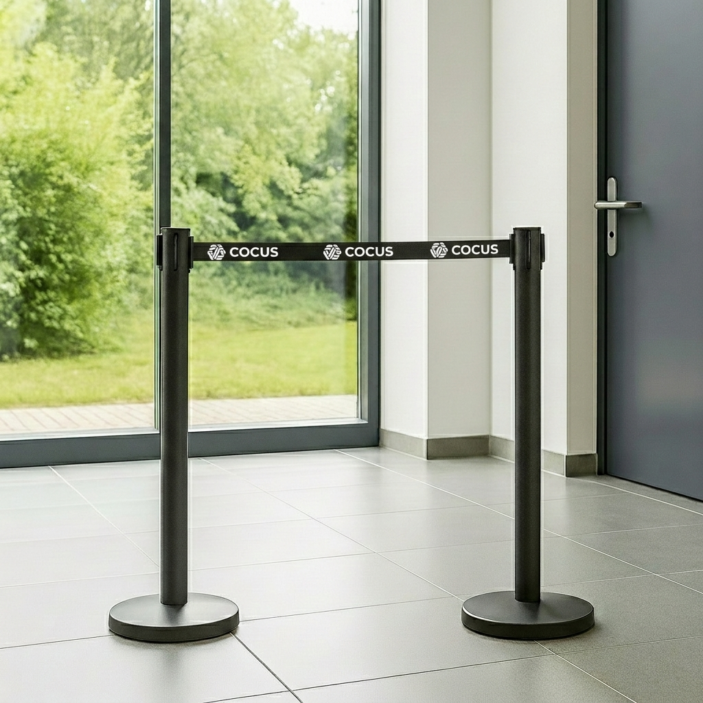 Two black Cocus retractable belt and post barriers with a black belt, displayed in a modern lobby with a tiled floor and large windows showing green trees outside.