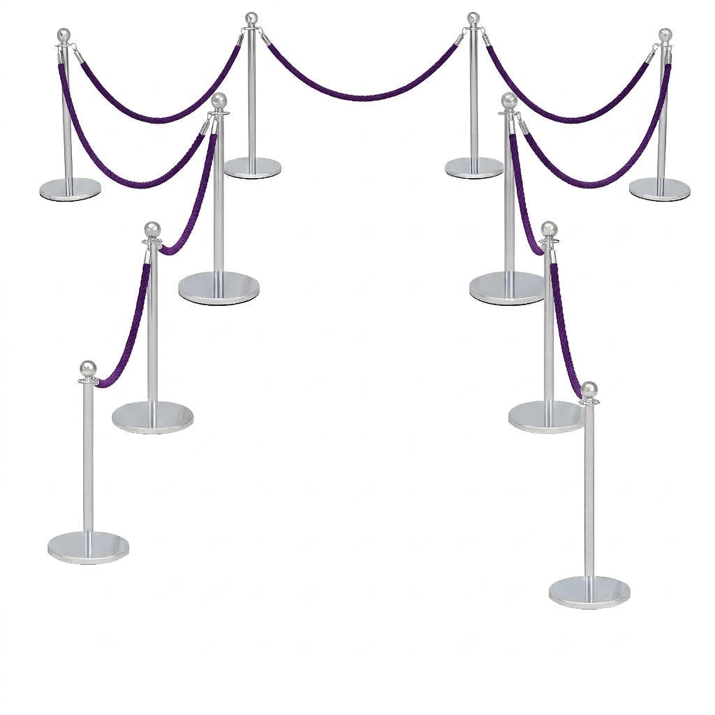 COCUS purple rope barrier, 10 pack set, with polished stainless steel posts