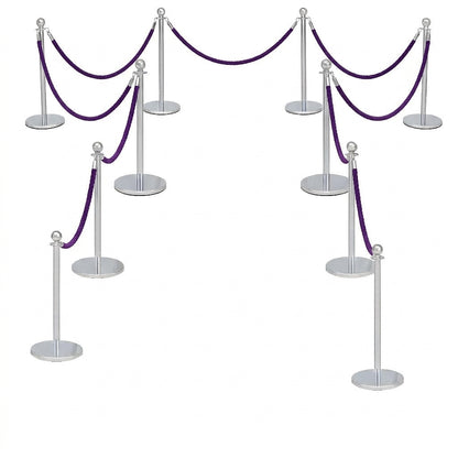 COCUS purple rope barrier, 10 pack set, with polished stainless steel posts