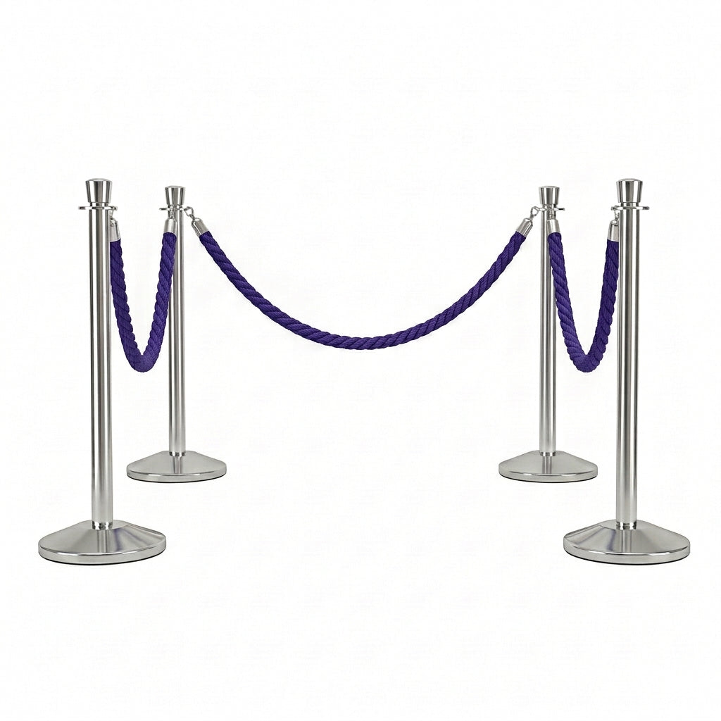 COCUS purple rope barrier, 4 pack set, with polished stainless steel posts