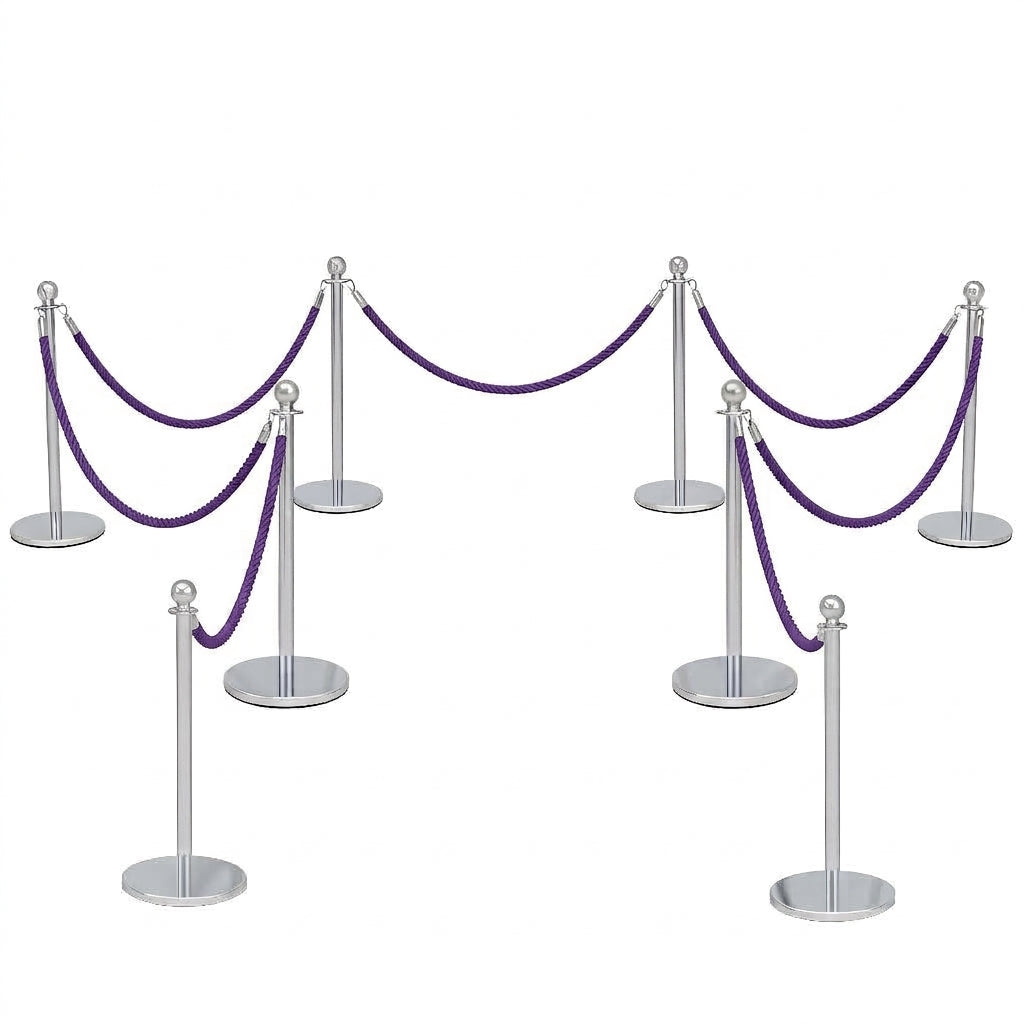 COCUS purple rope barrier, 8 pack set, with polished stainless steel posts