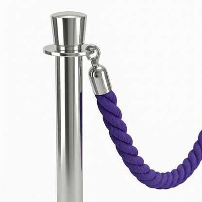 Close-up of purple braided rope and chrome hook on a COCUS stainless steel barrier post