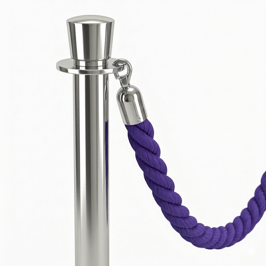 Close-up of purple braided rope and chrome hook on a COCUS stainless steel barrier post