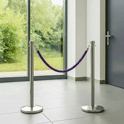 COCUS purple braided rope barriers set up in a modern entrance