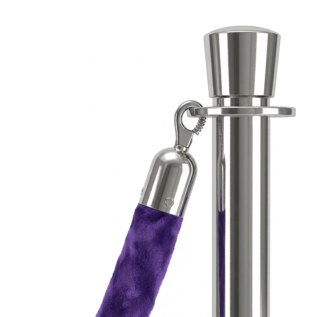 Close-up of purple velvet rope and chrome hook on a COCUS stainless steel barrier post