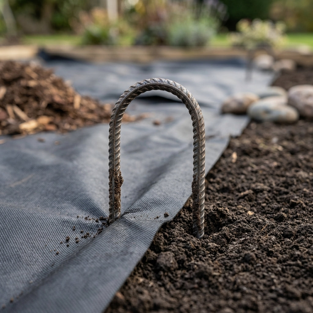 A close-up of a black landscape fabric liner laid out in a garden bed, with a metal rebar loop stake driven into the soil at the edge of the bed.