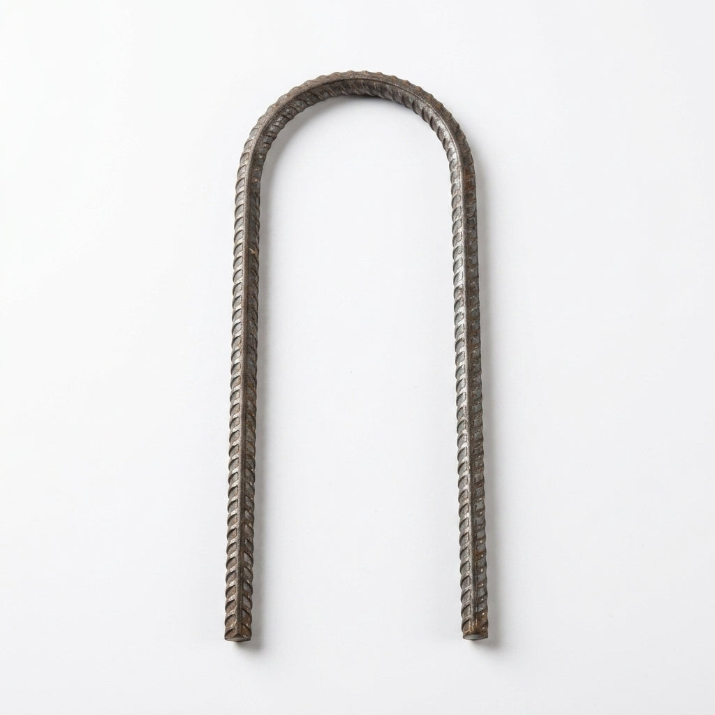 A U-shaped piece of twisted rebar wire with a textured metallic finish, displayed vertically on a clean white background.