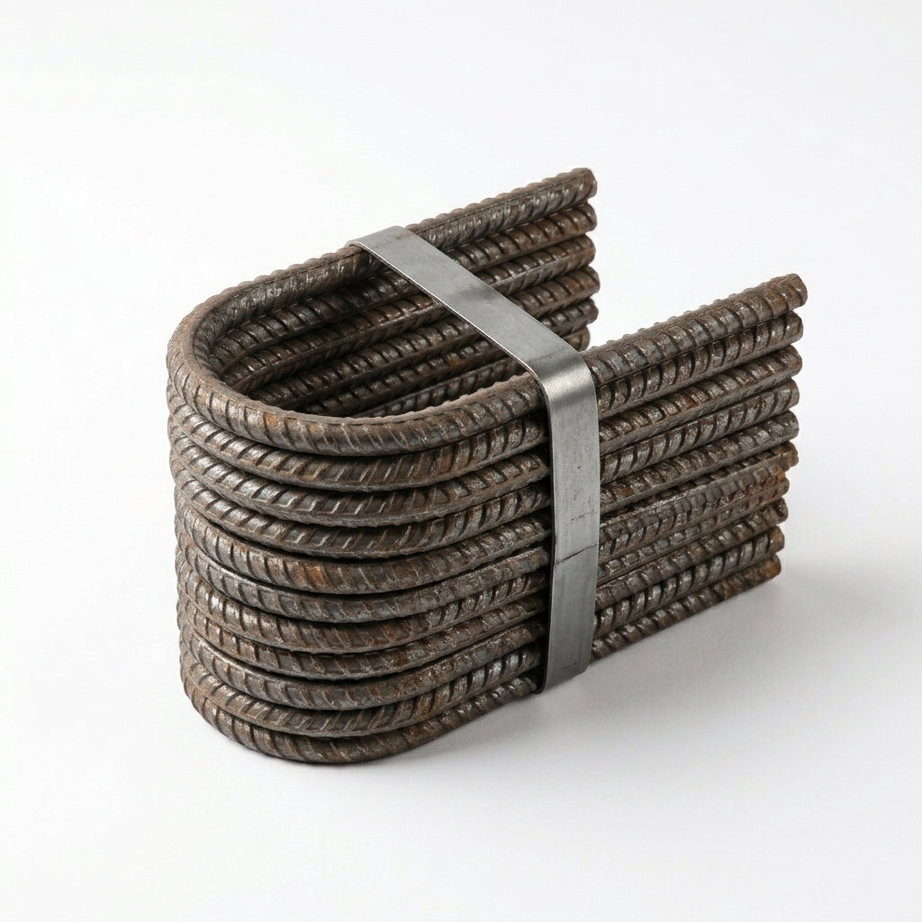 A bundle of coiled dark brown rebar bars wrapped with a gray metal strap, photographed on a clean white background.