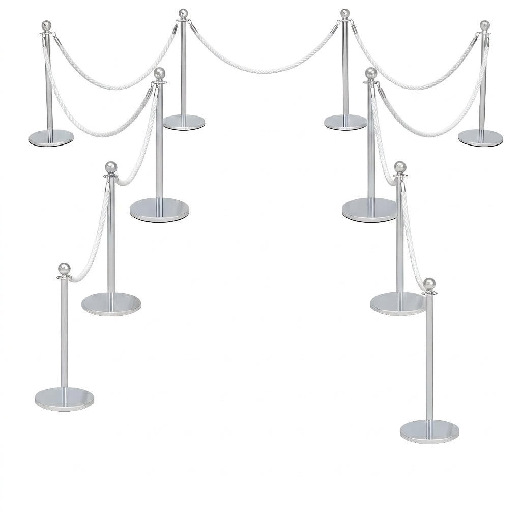 COCUS white rope barrier, 10 pack set, with polished stainless steel posts