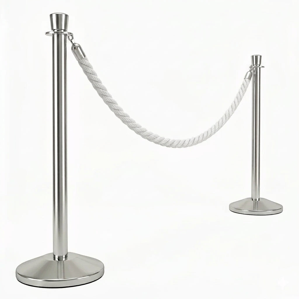COCUS white braided rope barrier, 2 pack, with polished stainless steel posts