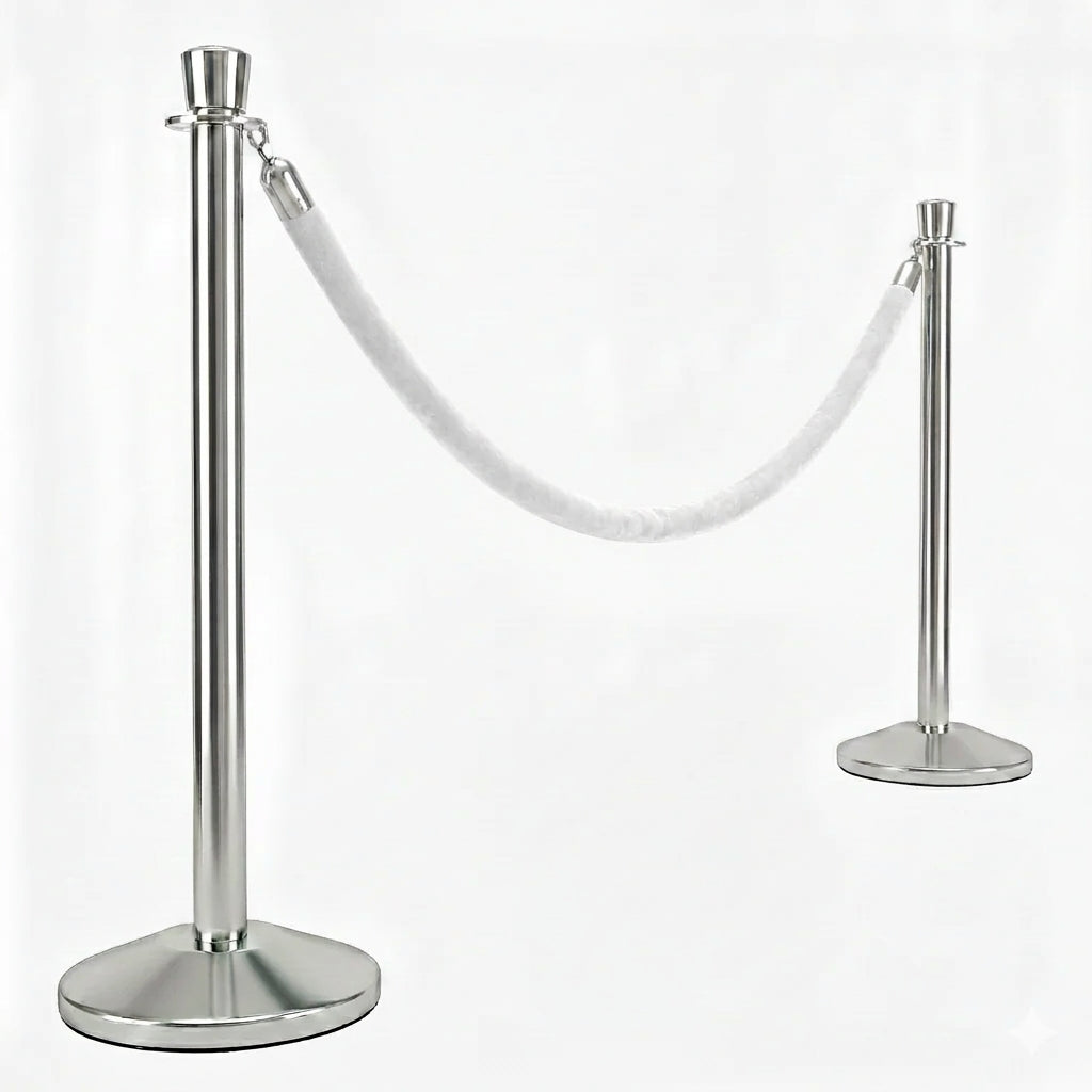 COCUS white velvet rope barrier, 2 pack, with polished stainless steel posts