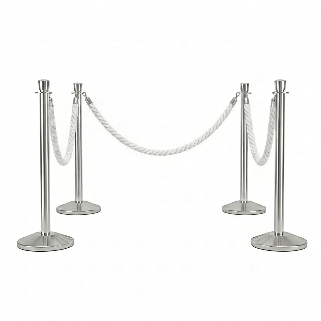 COCUS white rope barrier, 4 pack set, with polished stainless steel posts