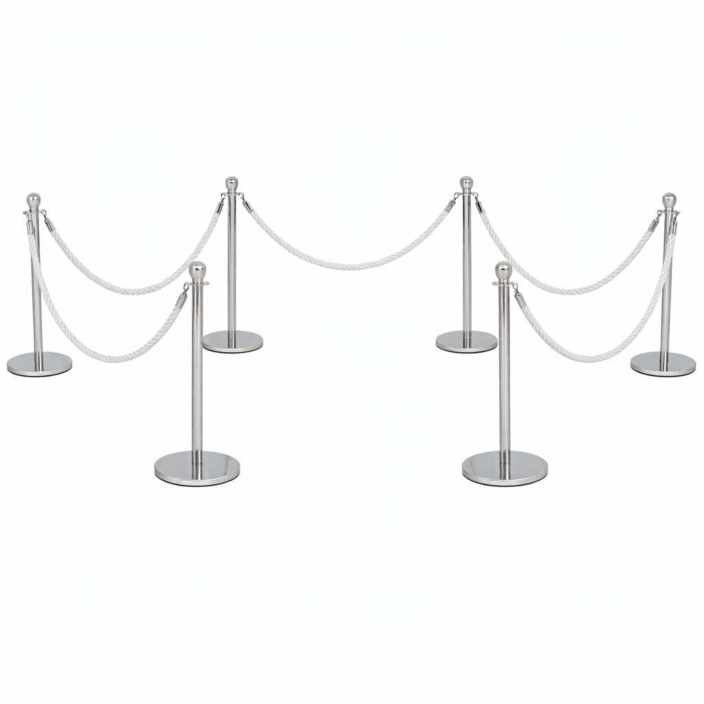 COCUS white rope barrier, 6 pack set, with polished stainless steel posts
