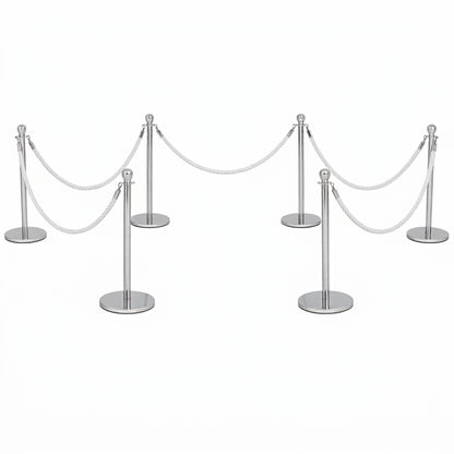 COCUS white rope barrier, 6 pack set, with polished stainless steel posts