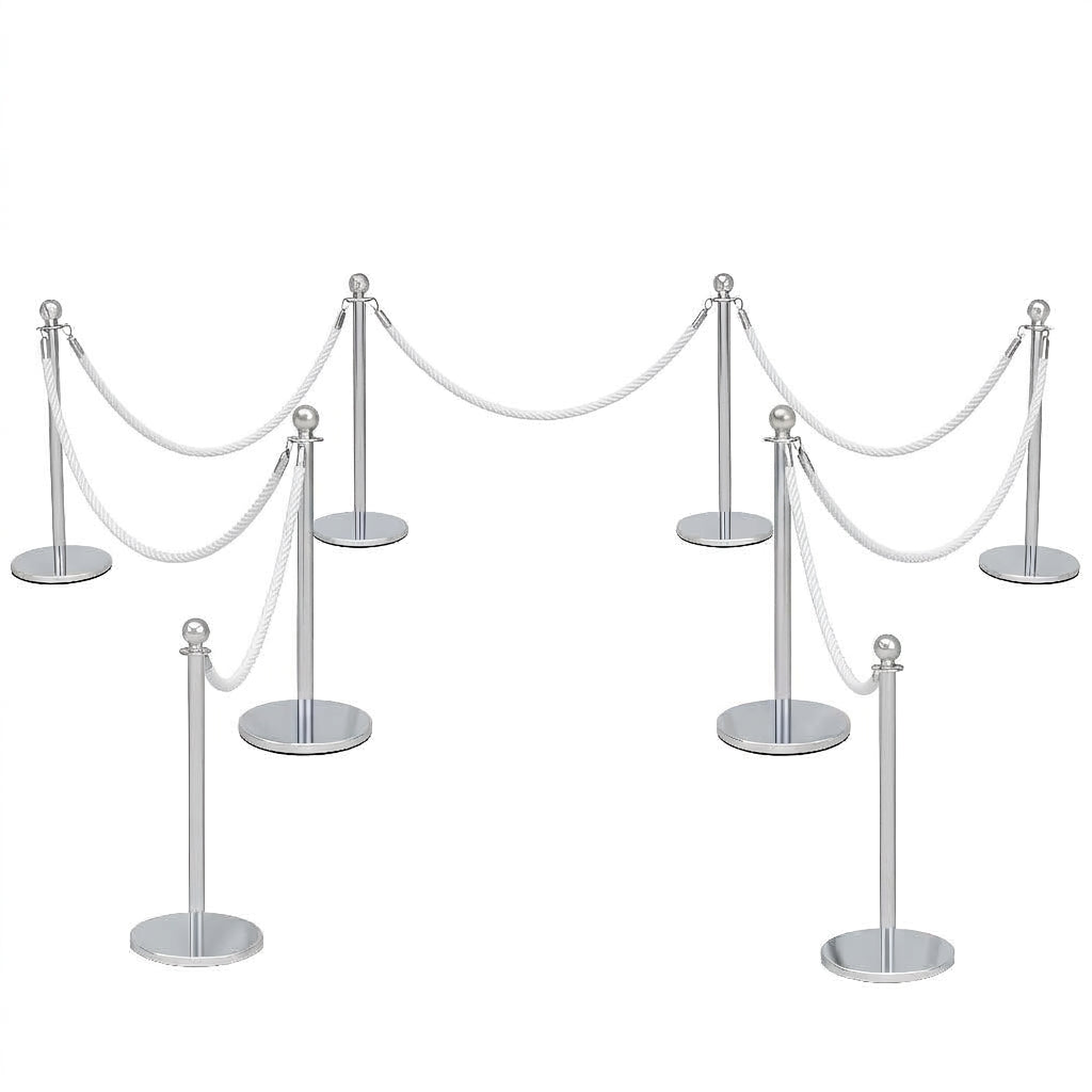 COCUS white rope barrier, 8 pack set, with polished stainless steel posts