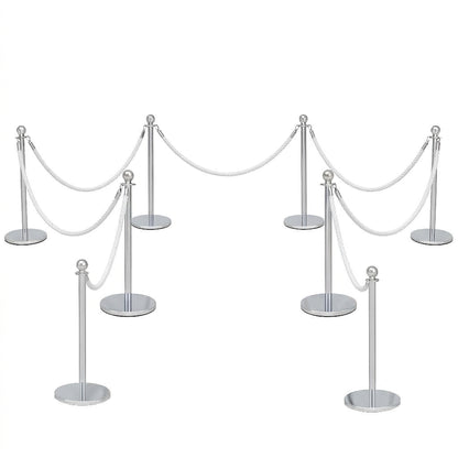 COCUS white rope barrier, 8 pack set, with polished stainless steel posts